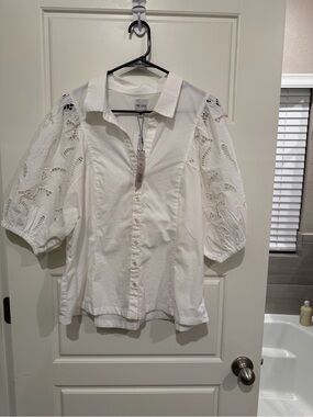 NIC+ZOE NWT Womens XL Paper White Lace Eyelet Sleeve Button Up Blouse Top New